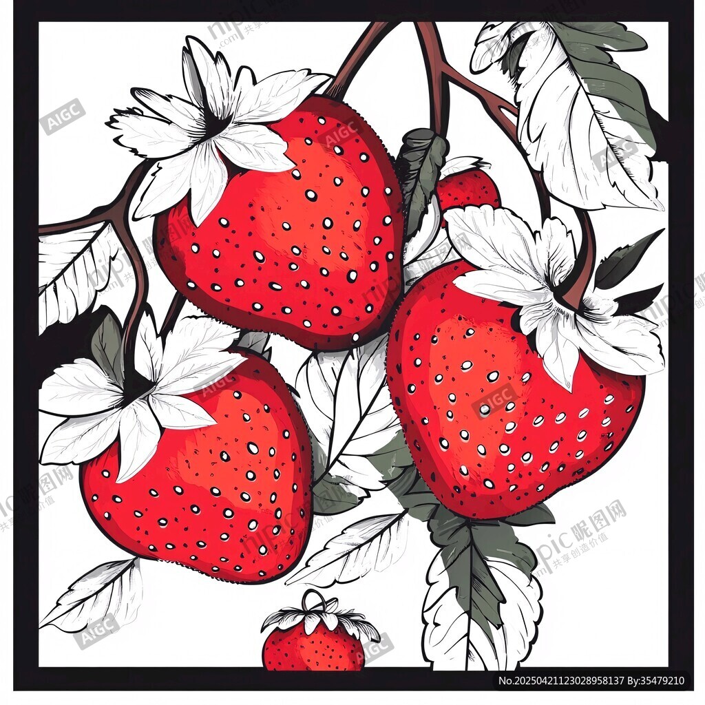 手绘红草莓与花叶插画