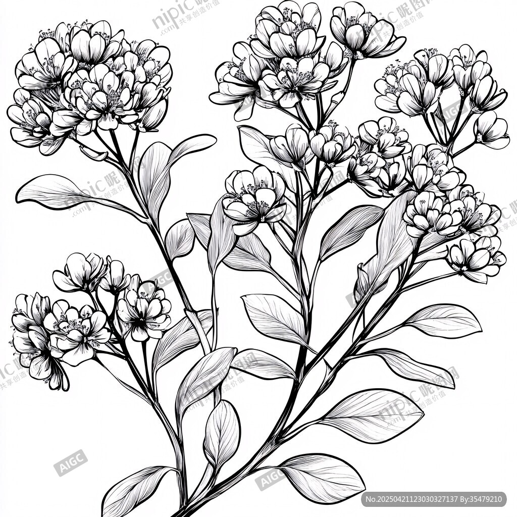 手绘花卉植物黑白插画