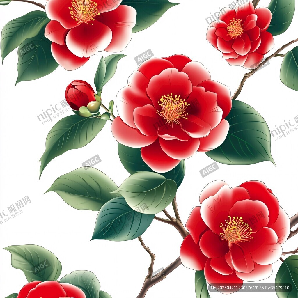 艳丽山茶花插画图案