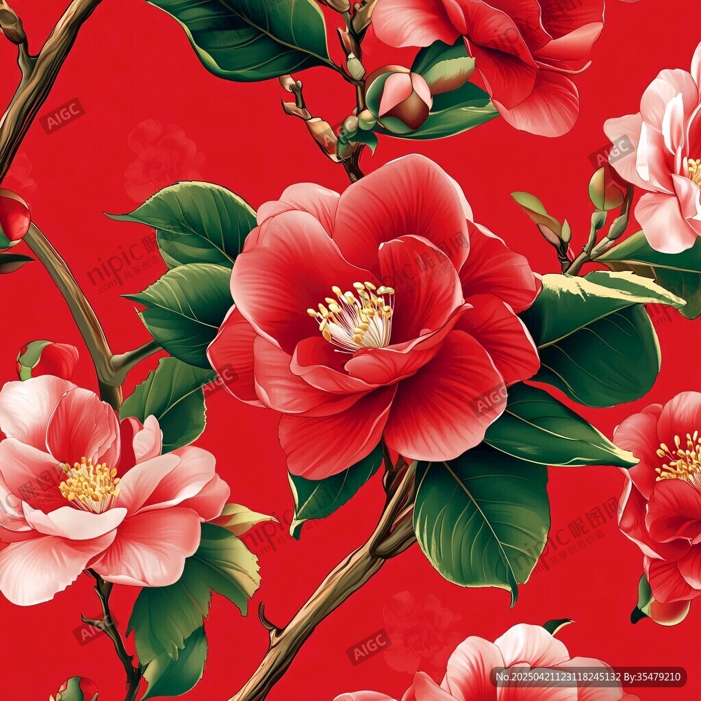红底娇艳山茶花图案