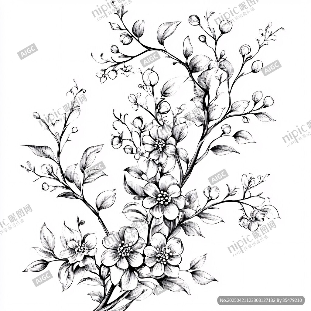 手绘花卉枝蔓黑白插画