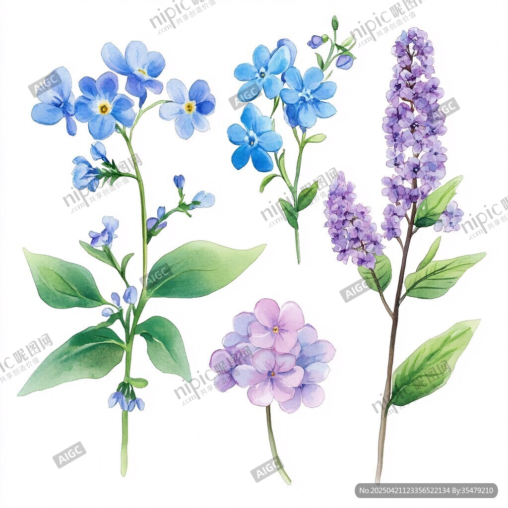 水彩绘蓝色紫色花卉组合