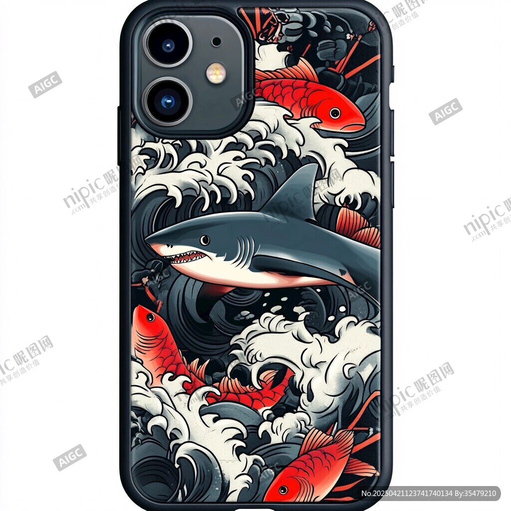 鲨鱼锦鲤海浪手机壳图案