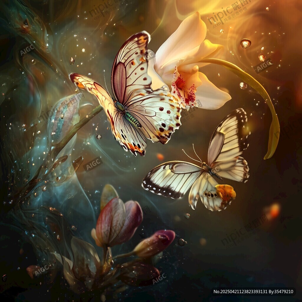 梦幻蝴蝶伴花飞舞景象