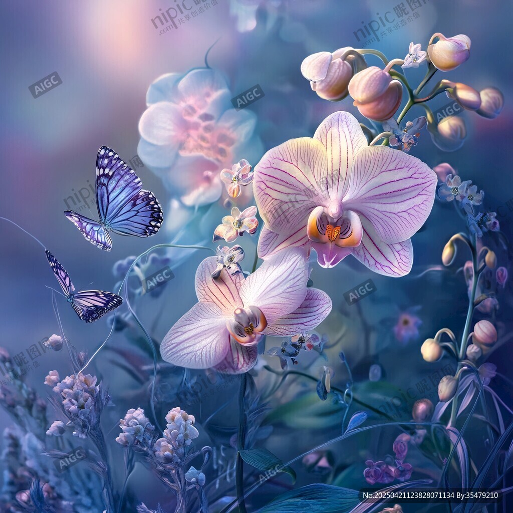 梦幻蝴蝶与兰花的诗意场景