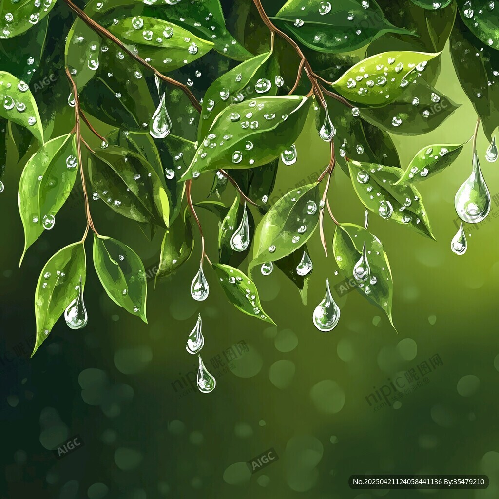 雨后绿叶垂露清新景象