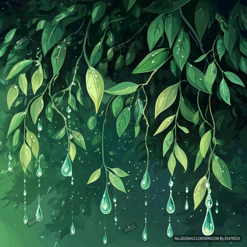 雨后绿叶垂挂晶莹水滴