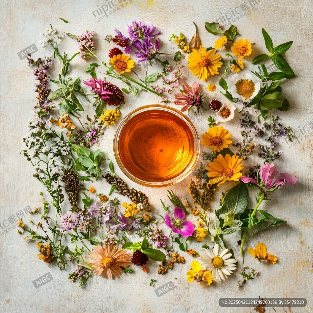 花茶环绕的杯中芬芳