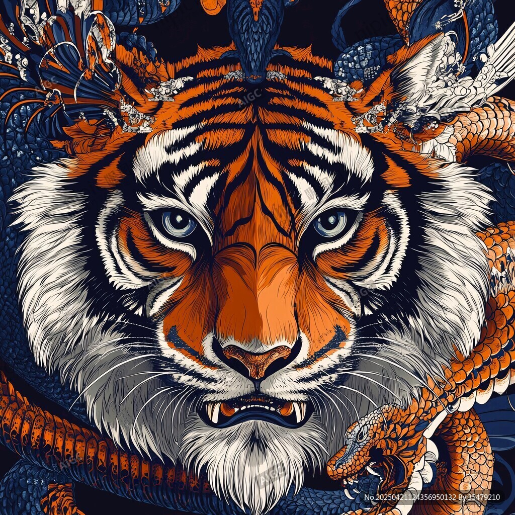 虎龙共舞 霸气动物插画