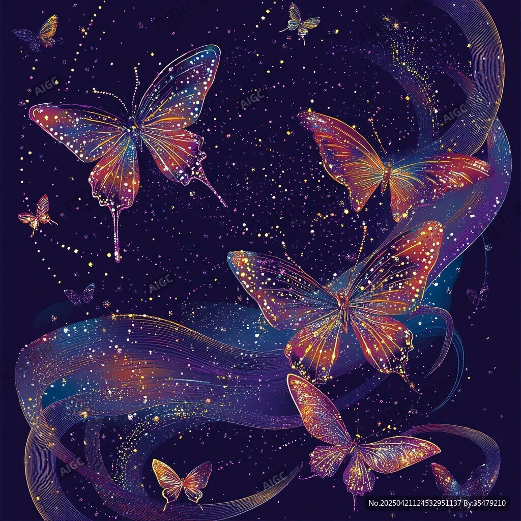 梦幻星空下的绚丽蝴蝶飞舞