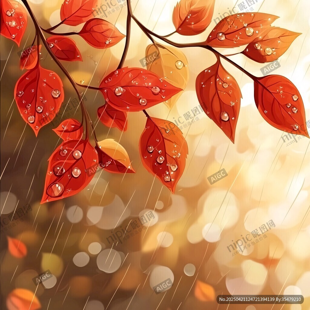 秋雨中的红枫叶