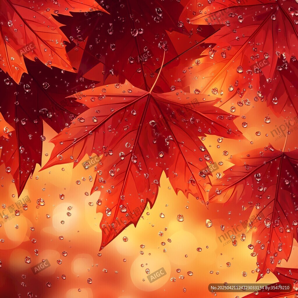 秋枫叶上晶莹水珠美景