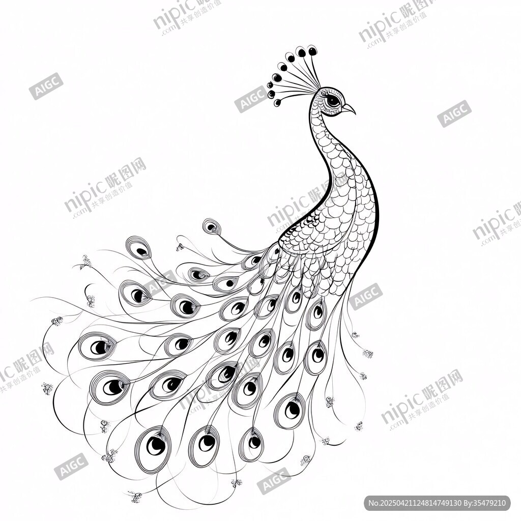 黑白手绘优雅开屏孔雀图