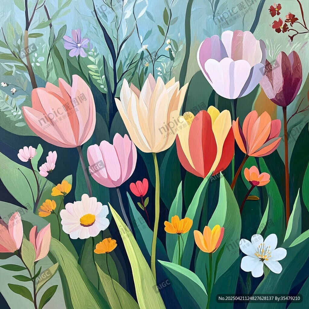 缤纷郁金香花丛插画