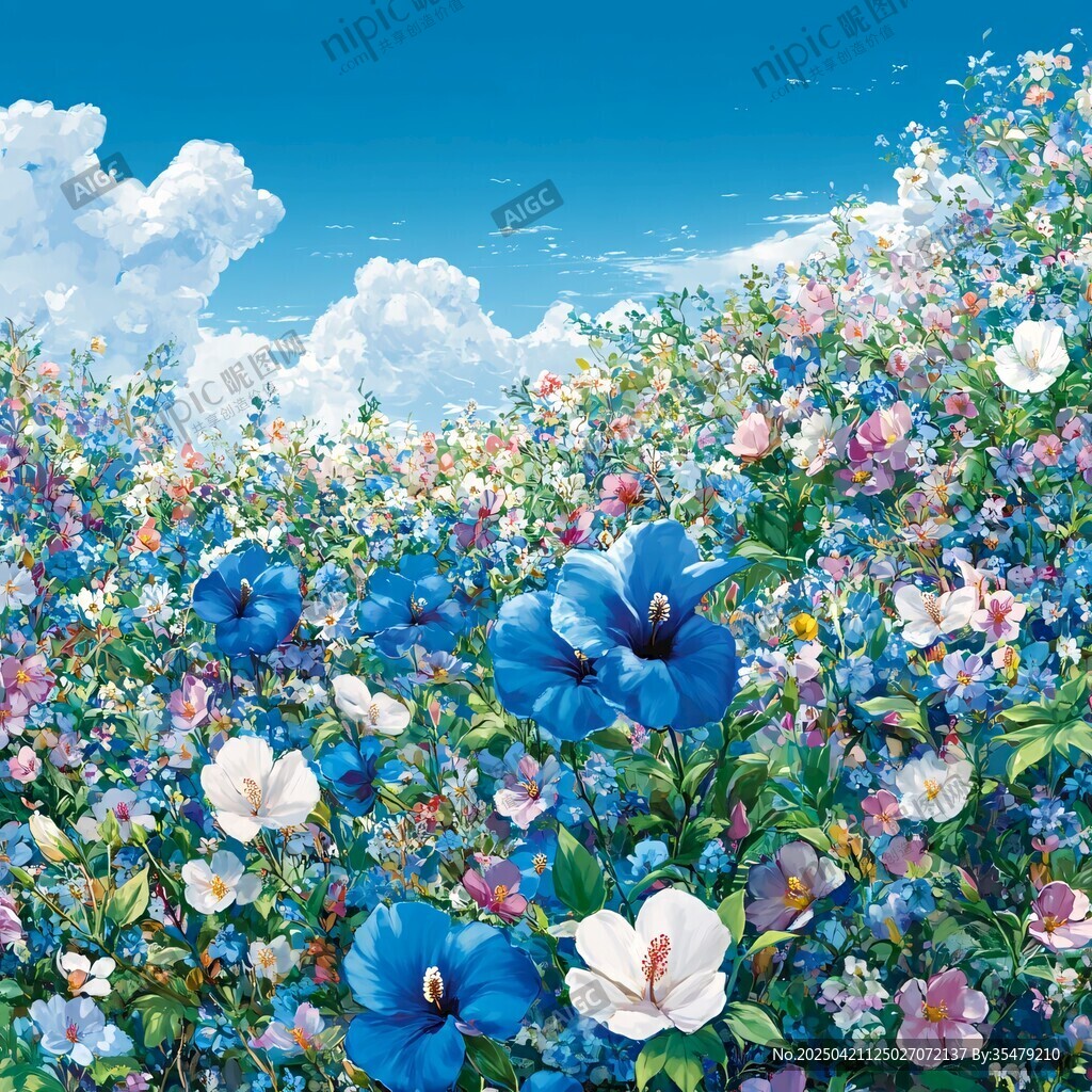花海烂漫 蓝天白云下的绚烂