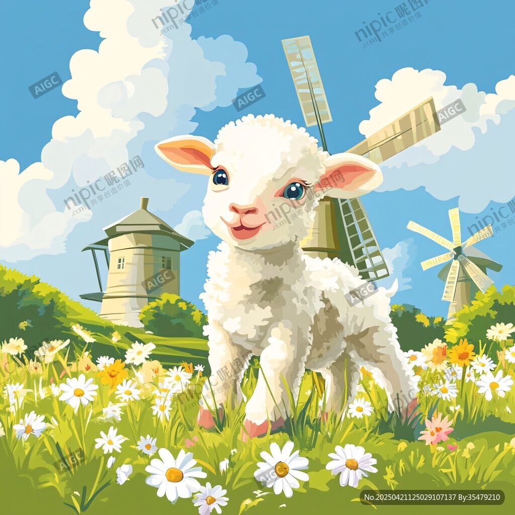 田园小羊与风车的美好画面
