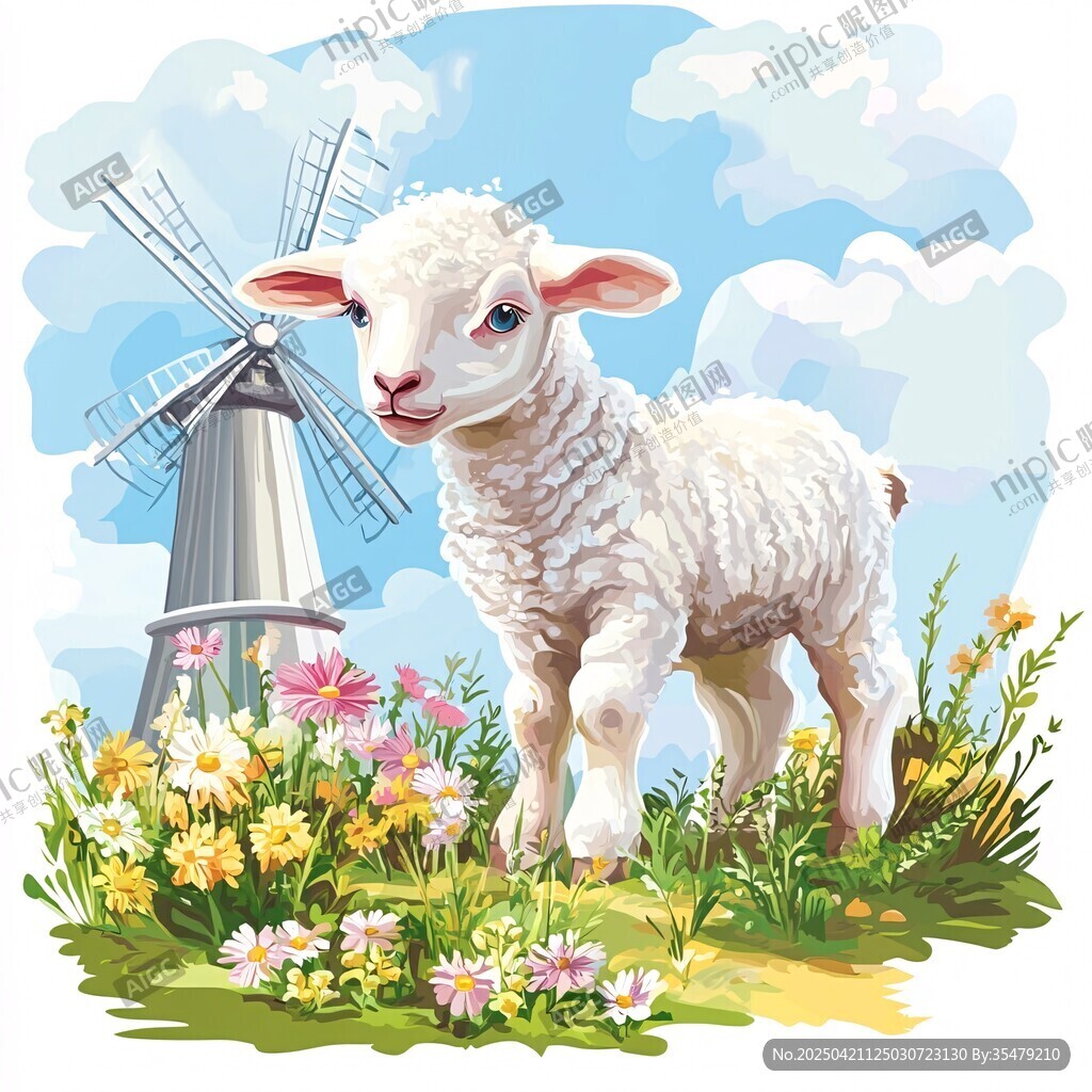 小羊立于风车旁花丛中