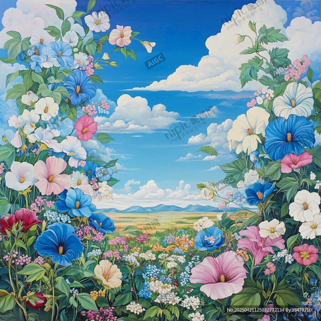 梦幻花海中的蓝天白云