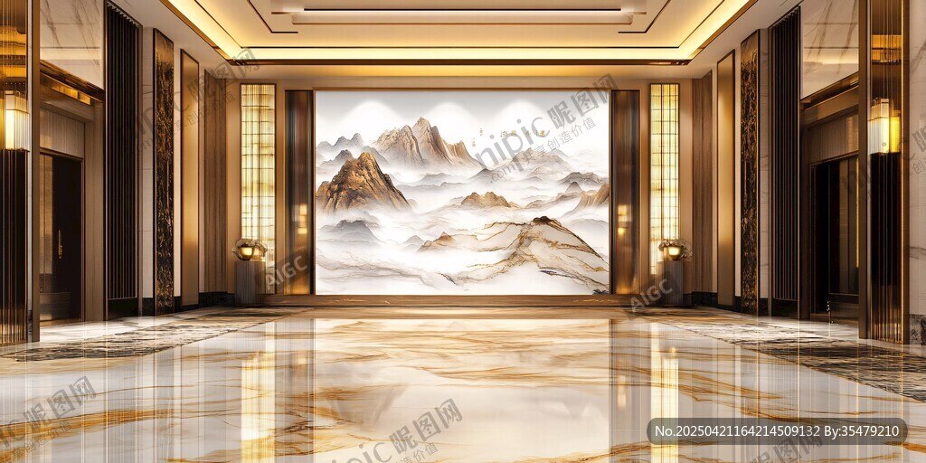 豪华大厅中式山水壁画景观