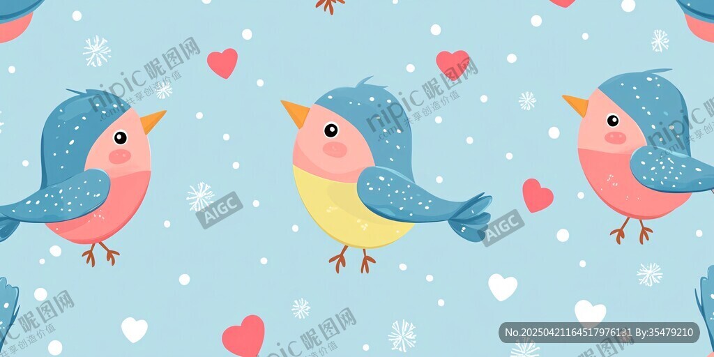 可爱小鸟与爱心雪景图案