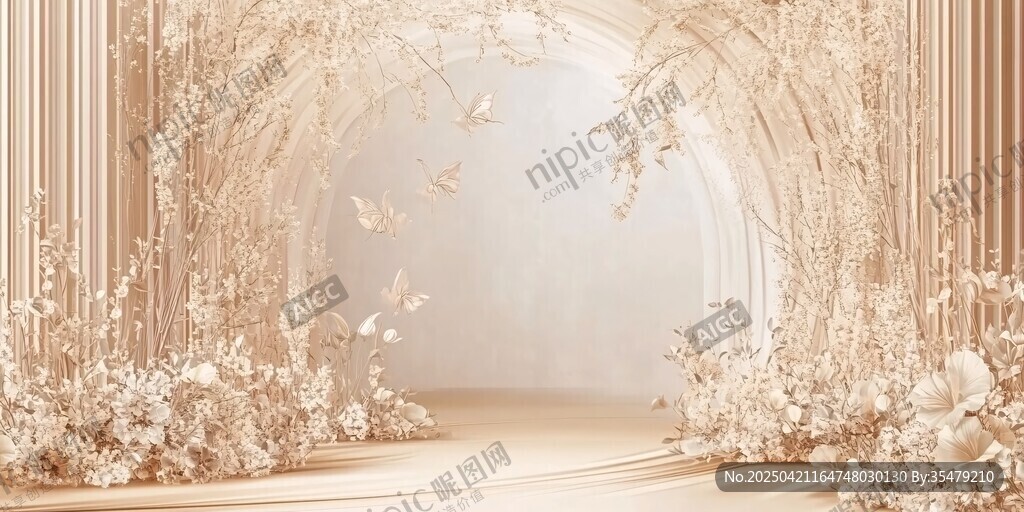 梦幻米色花卉拱门婚礼场景