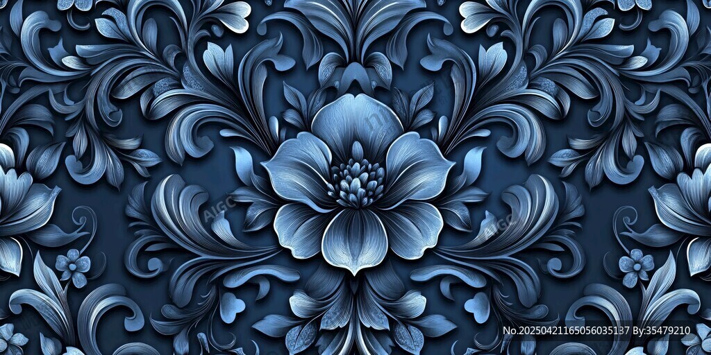 蓝色立体花卉复古花纹图案