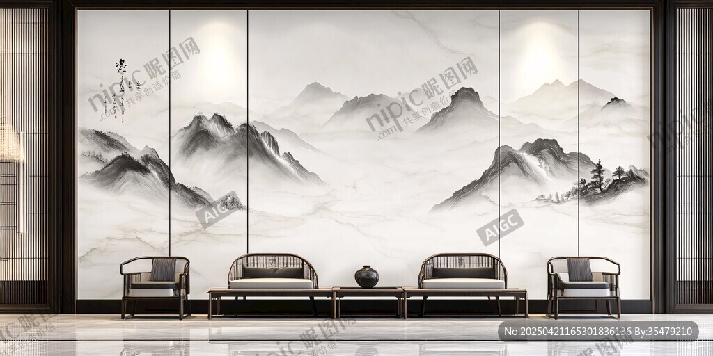 中式山水背景墙客厅场景