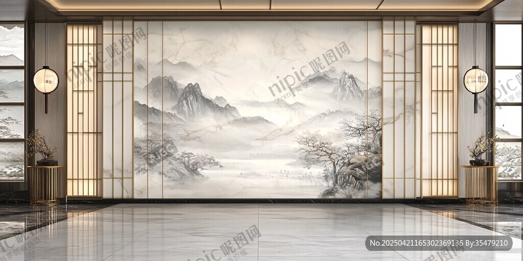 中式山水风豪华大厅背景墙