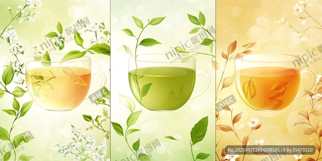 三杯清新茶饮与绿植画面