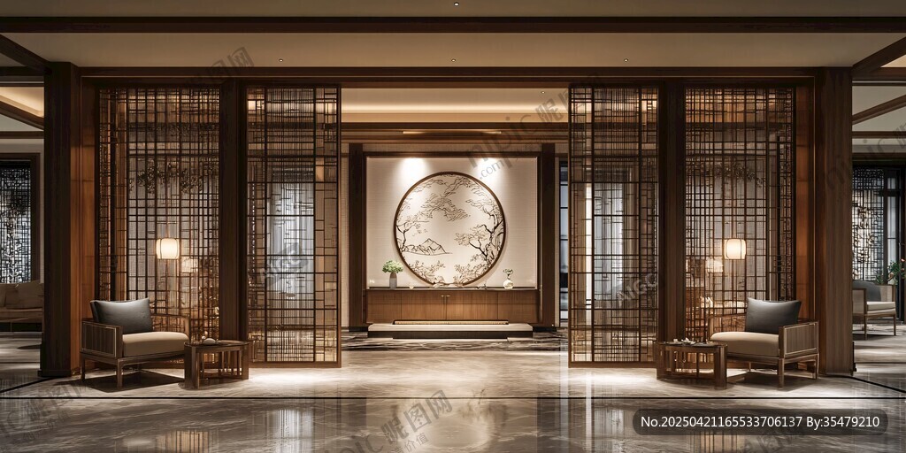 中式典雅酒店大堂空间