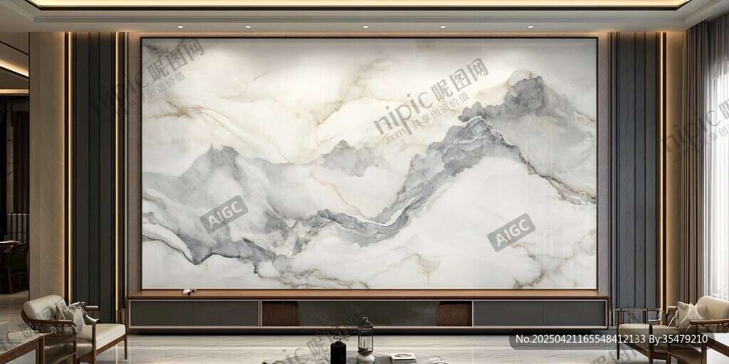 中式客厅大气山水岩板背景墙