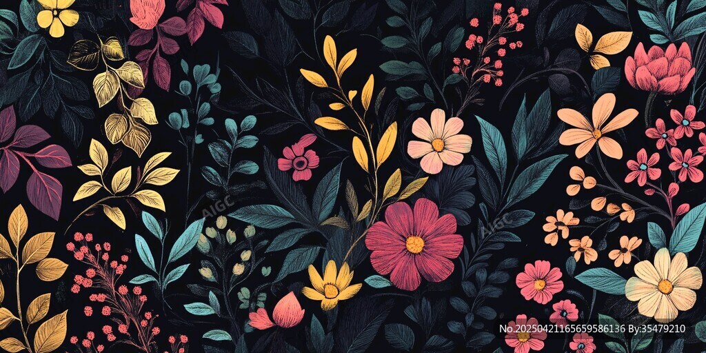 黑色背景多彩花卉图案
