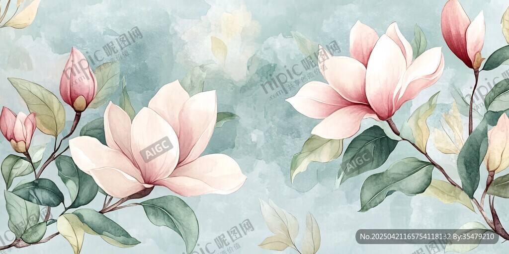 淡粉玉兰花枝水彩插画