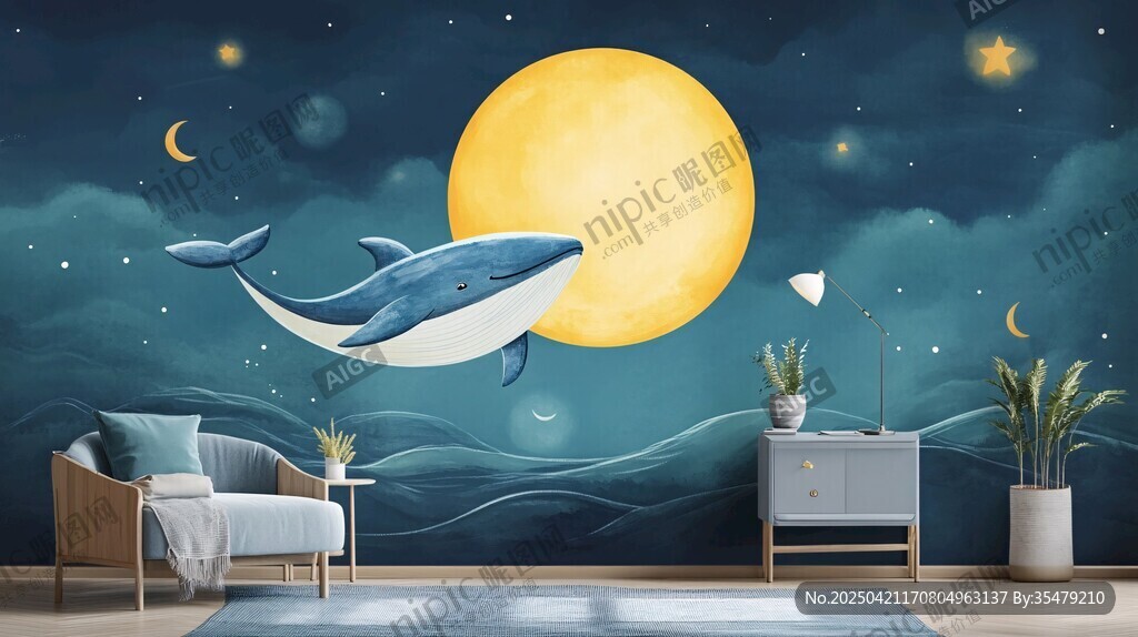 梦幻鲸鱼月夜墙饰场景
