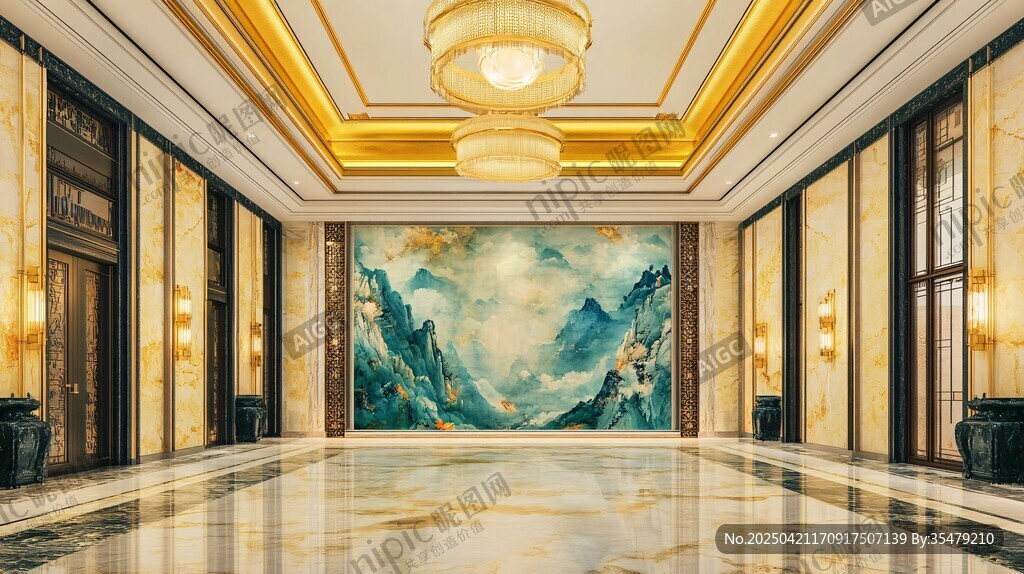 豪华大厅中式山水壁画装饰