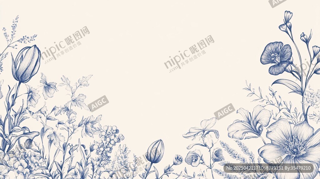 蓝白花卉边框图案设计