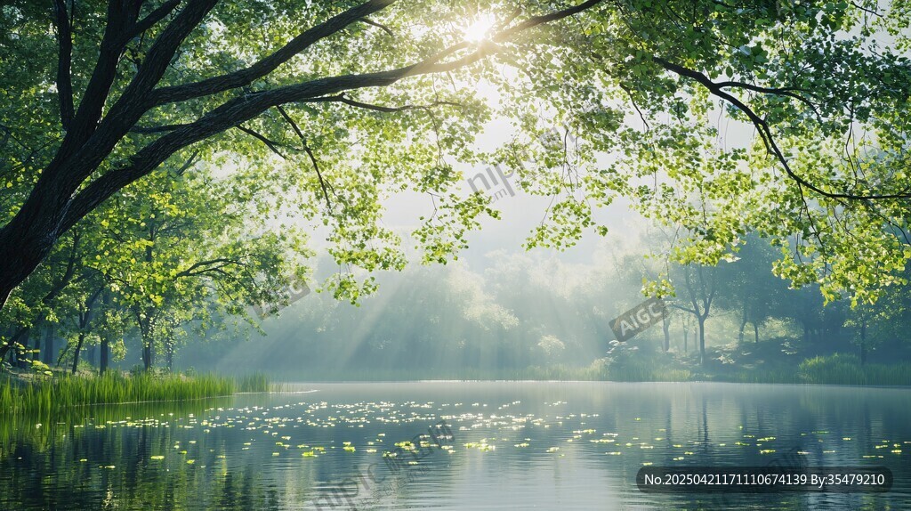 清晨湖畔树林的光影美景