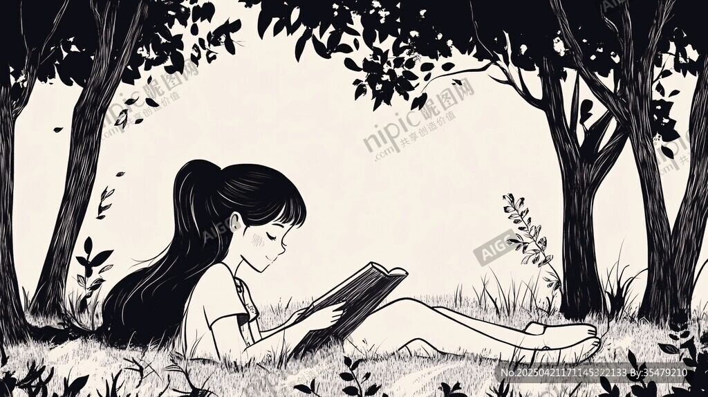 女孩林间惬意阅读时光