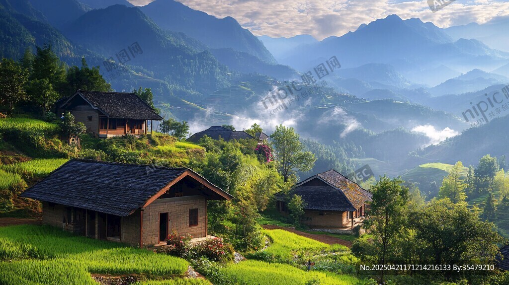 山间村落晨景 静谧美好