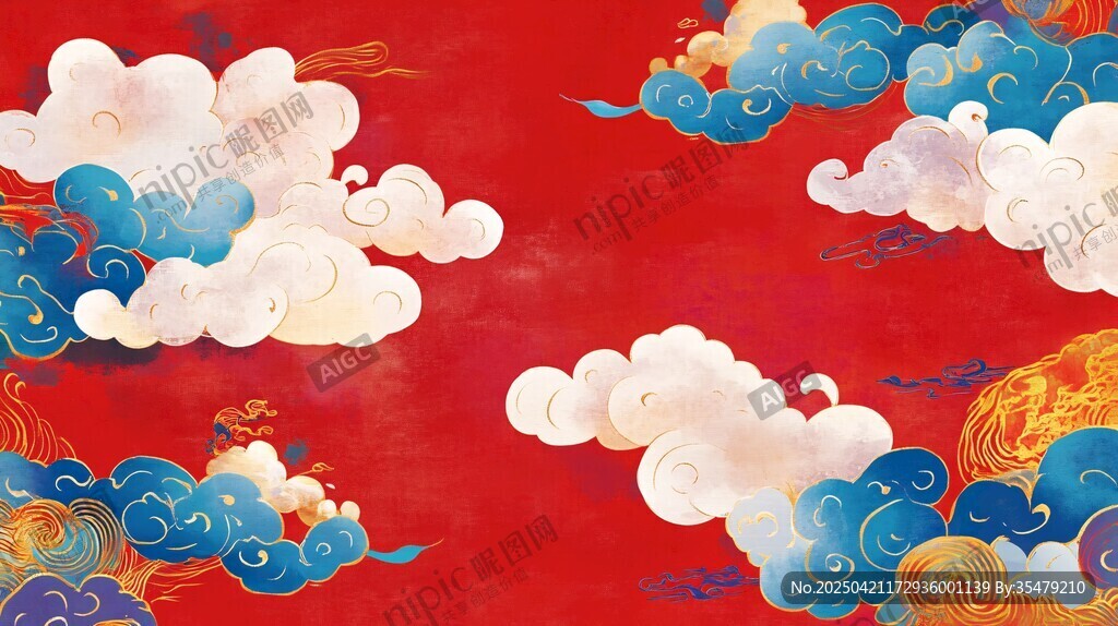 中式红底祥云瑞彩图案