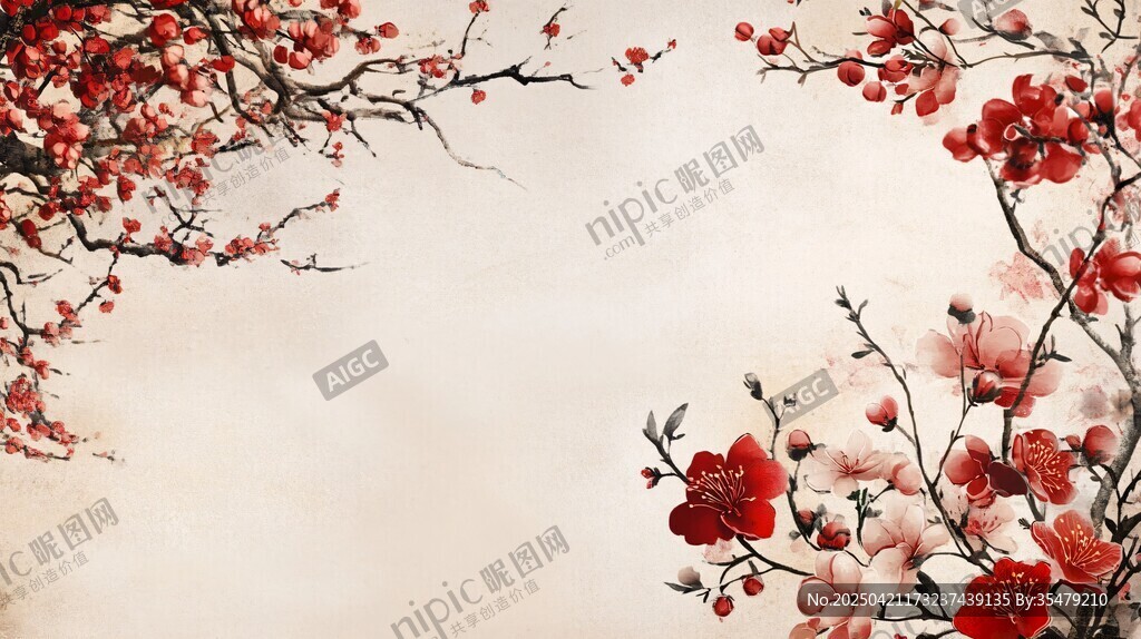 红梅绽放中式雅致图景