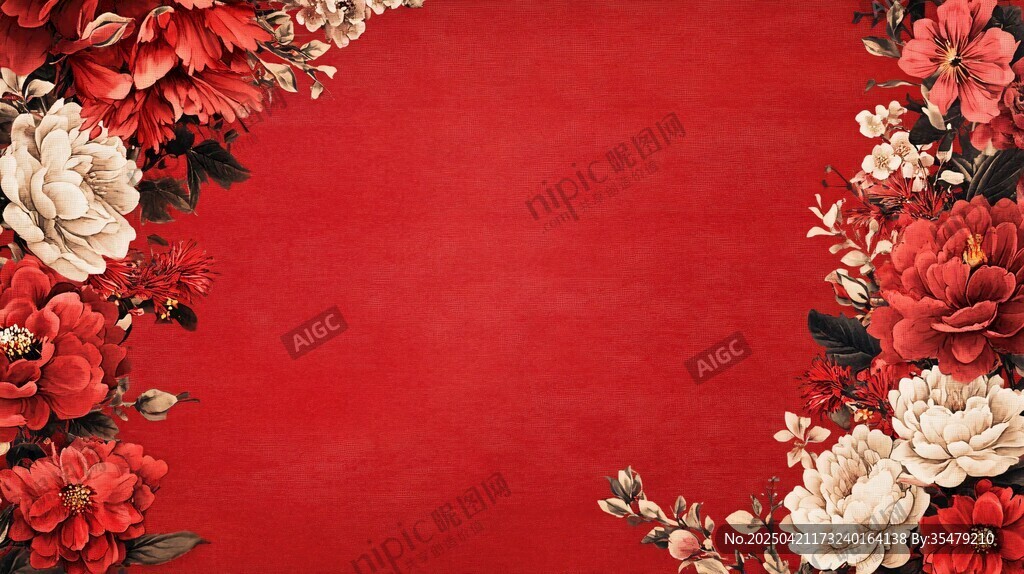 中式红底花卉边框背景图