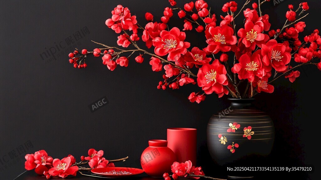 中式红梅花瓶雅致静物