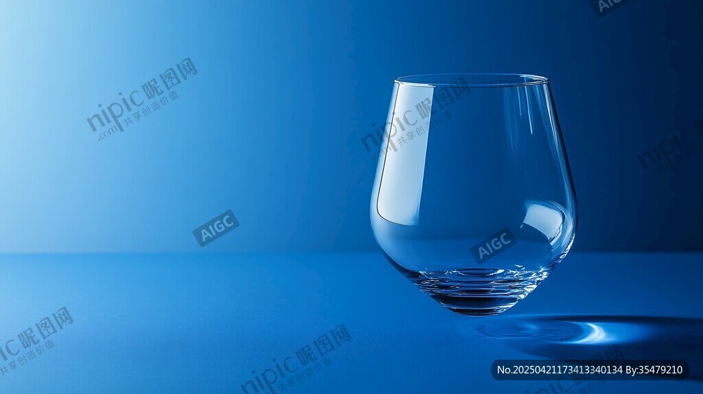 蓝色背景下的透明玻璃杯