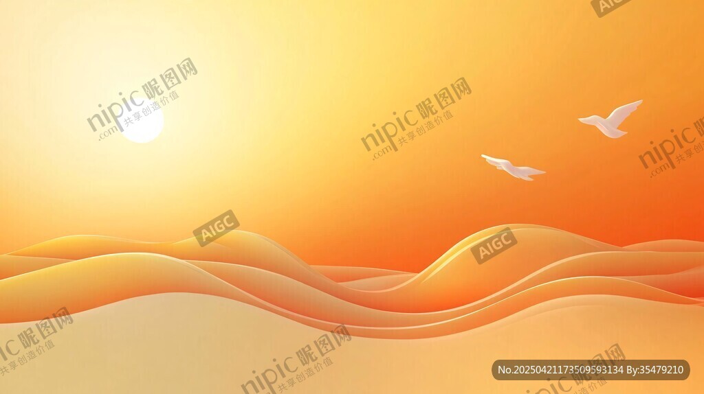 夕阳下的沙漠与飞翔飞鸟