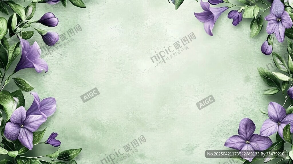 淡绿背景下的紫花绿叶边框