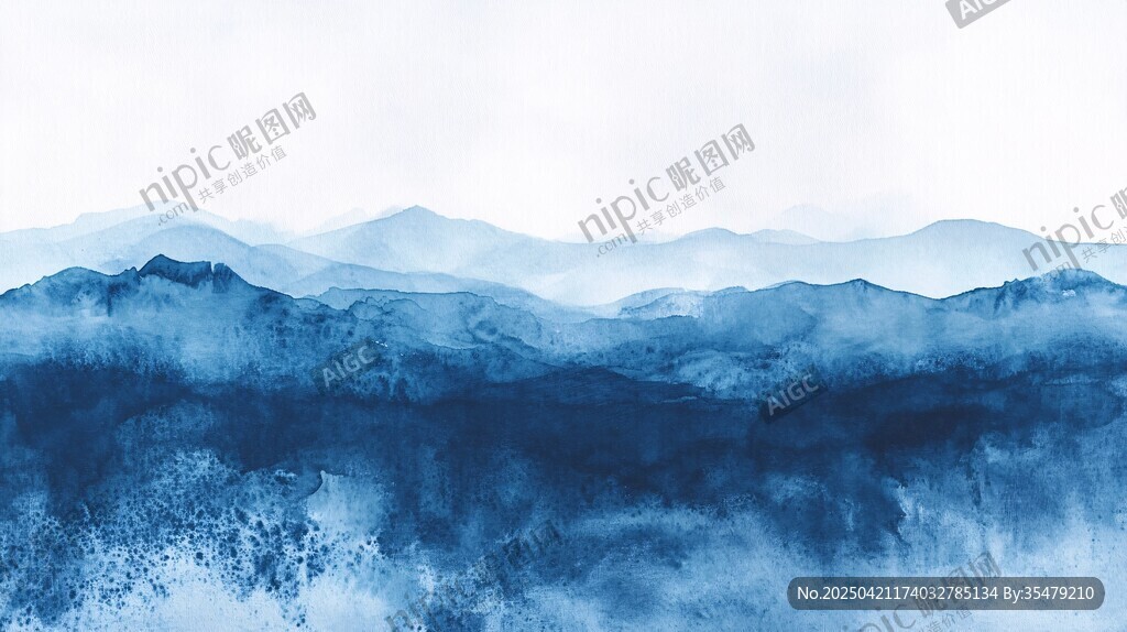 水墨风格蓝调远山风景图