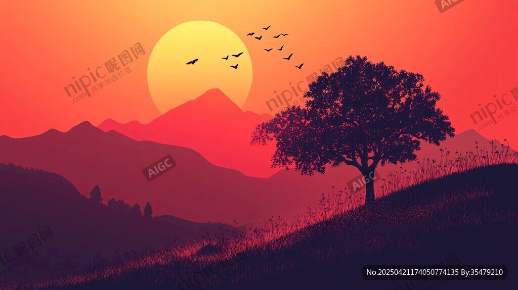 落日下的孤树与飞鸟美景