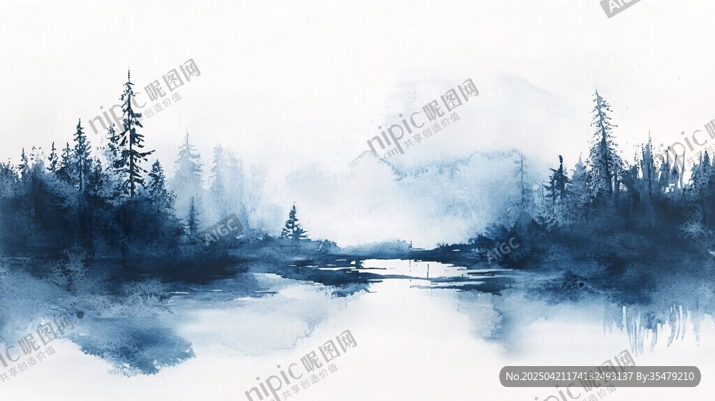 水墨山林间的静谧湖泊