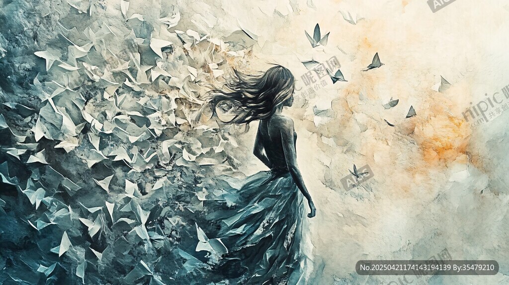 少女与纷飞纸鸟的梦幻场景